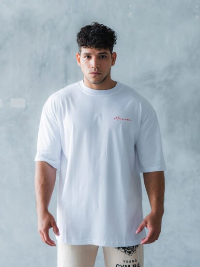 Polo Blanco con letras Naranjas Gym Rat para Hombre