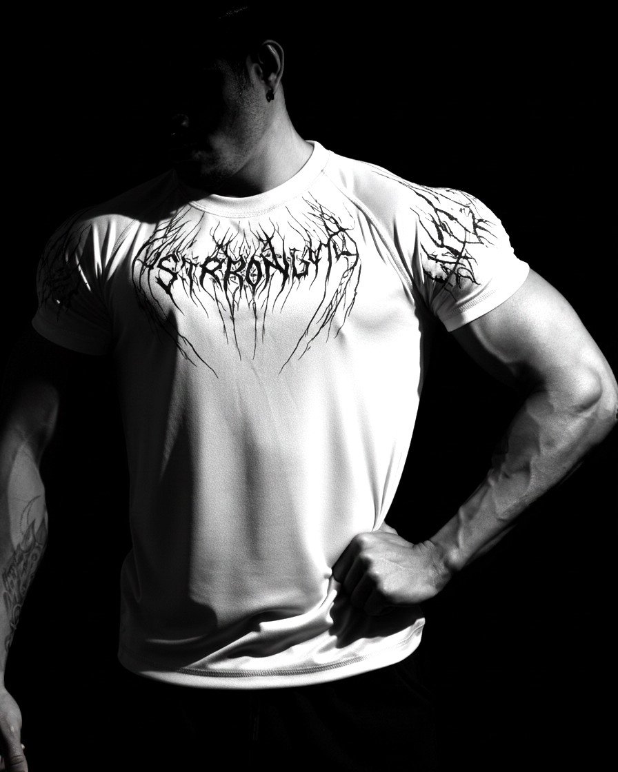 Polo blanco hombre muscle fit gym diseño gótico negro